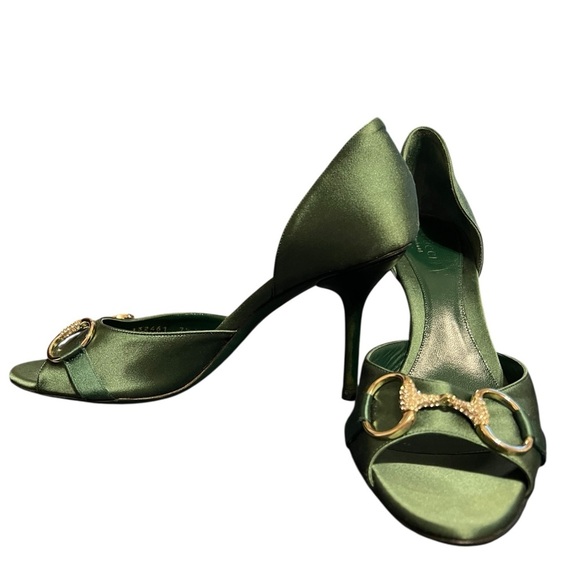 Gucci Emerald Green Satin Peep-Toe Stiletto Heels – Size 7.5 - Picture 5 of 10